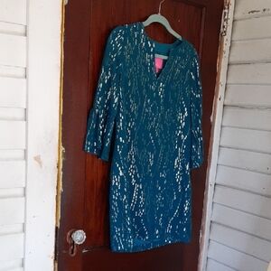Lilly Pulitzer Teal & Metallic Long-Sleeve Shift Dress